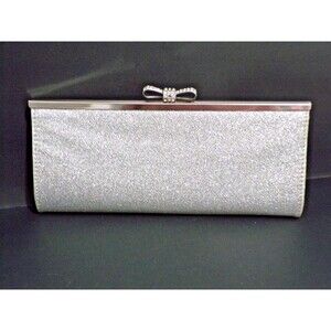 Inc International Concepts Silver Glitter Clutch Handbag With Bow & Rhinestones